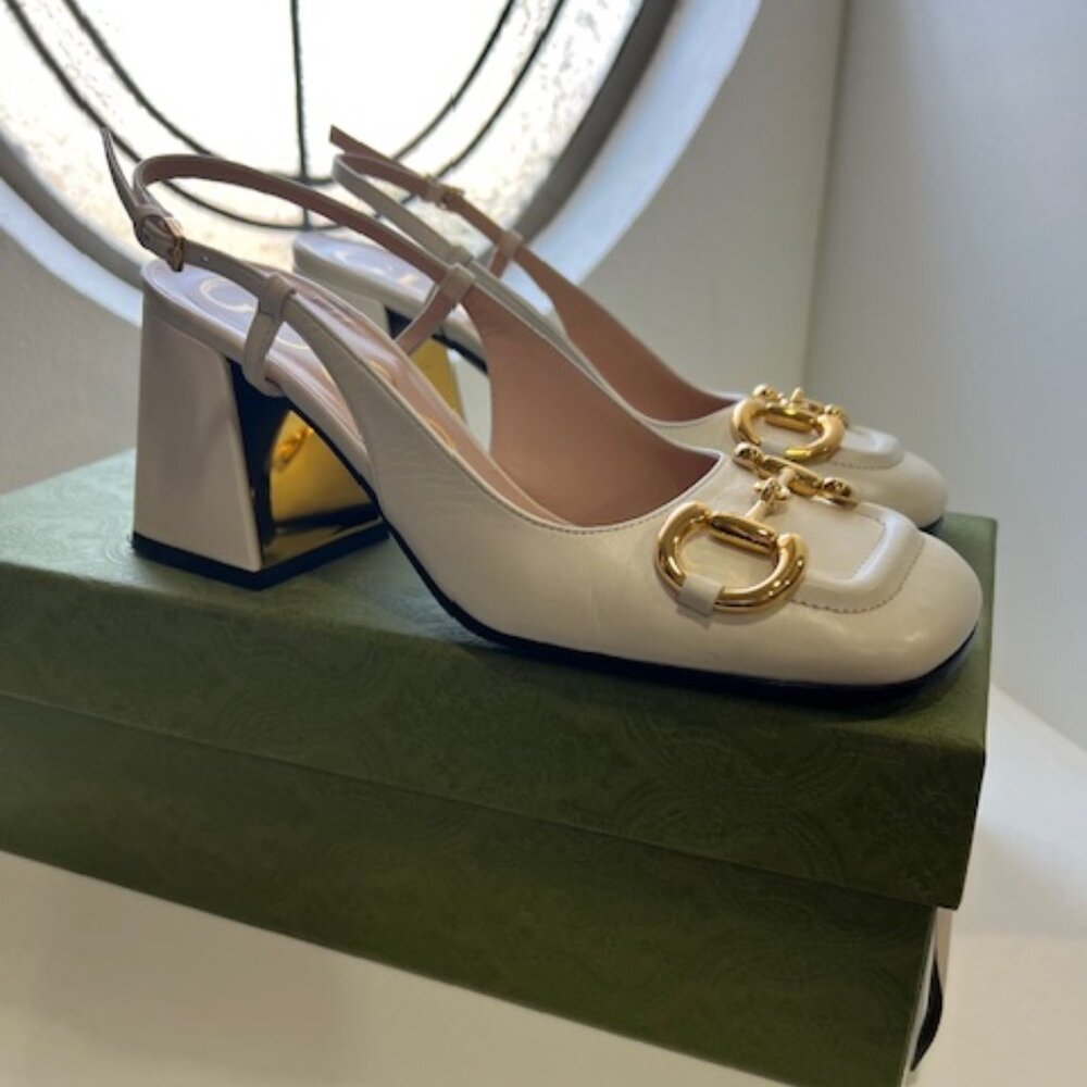 GUCCI Women's Horsebit Slingback Pumps Leather White